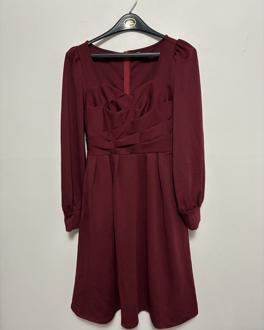 SHEIN Burgundy Pleated Puff Sleeve A-Line Dress L Midi Length Crepe Polyester